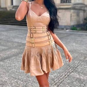 Chic Tan Belted Mini Dress